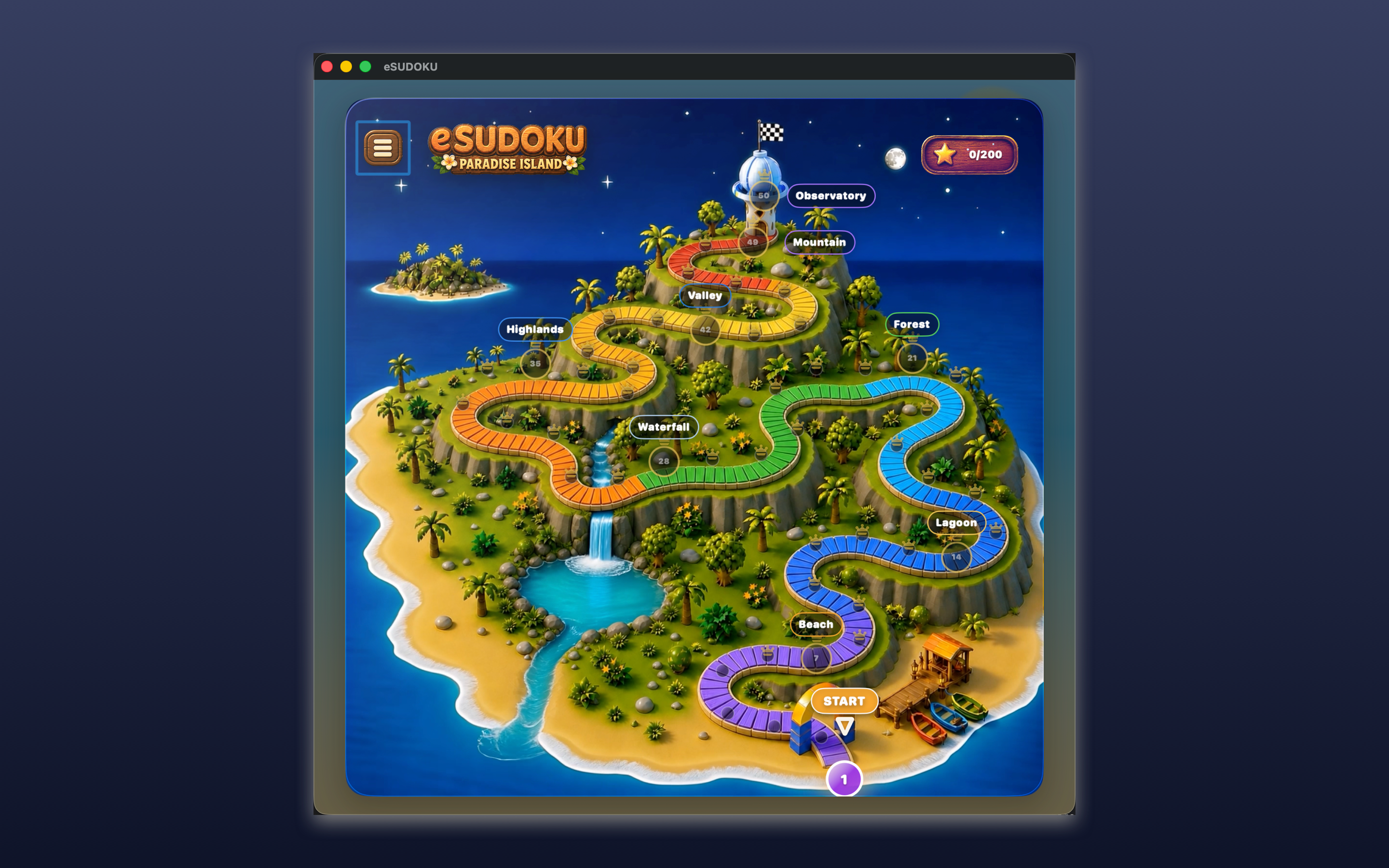 Mapa da jornada do eSUDOKU em uma ilha colorida.