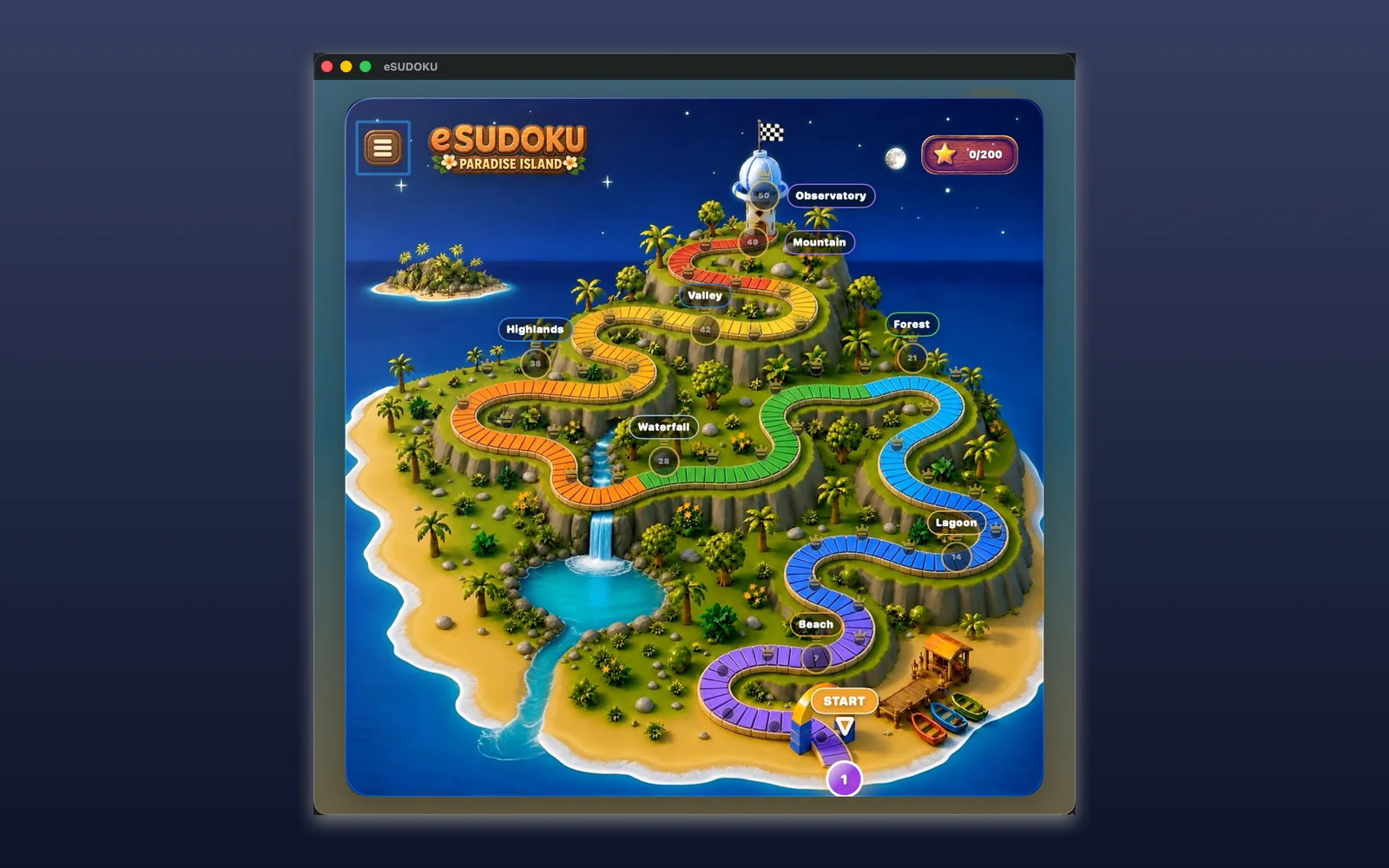 Mapa de jornada do eSUDOKU com fases em uma ilha colorida.